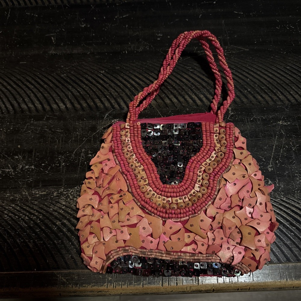 Mido Collection Coral Pink And Black Beaded Handbag VTG? Pre Owned